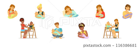 Mom and Dad Parent Feeding Baby Kid Vector Set 116386681