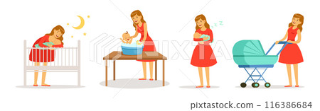Young Mom Parent with Her Baby Kid Vector Set 116386684