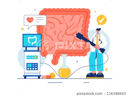 Vector Illustration of a Proctologist or Colonoscopy with a Doctor Examining the Colon and Showing Harmful Bacteria in a Flat Style Cartoon Background 116386693