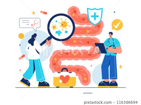Vector Illustration of a Proctologist or Colonoscopy with a Doctor Examining the Colon and Showing Harmful Bacteria in a Flat Style Cartoon Background Vector Illustration of a Proctologist or Colonoscopy with a Doctor Examining the Colon and Showing Harmful Bacteria in a Flat Style Cartoon Background 116386694
