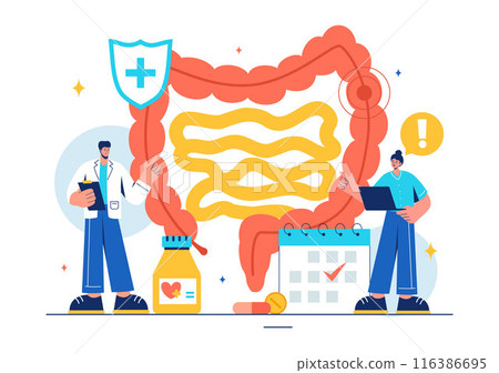 Vector Illustration of a Proctologist or Colonoscopy with a Doctor Examining the Colon and Showing Harmful Bacteria in a Flat Style Cartoon Background Vector Illustration of a Proctologist or Colonoscopy with a Doctor Examining the Colon and Showing Harmful Bacteria in a Flat Style Cartoon Background 116386695