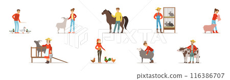People Farmer Character Breeding Animal and Livestock Vector Set 116386707