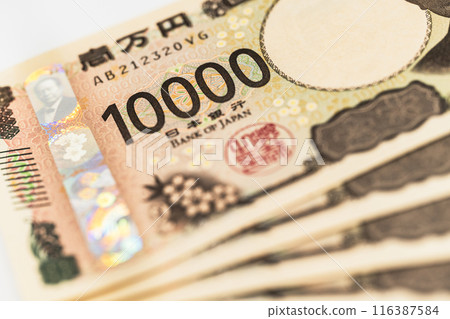 New 10,000 yen note New banknote Japanese yen YEN JPY Image White background New 10,000 yen note New banknote Japanese yen YEN JPY Image White background 116387584