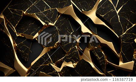 Cracks in black marble filled with gold. 3d background Cracks in black marble filled with gold. 3d background 116387719