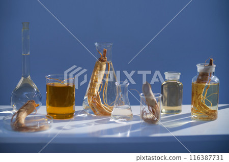Variety glassware in lab neatly displayed on the countertop, containing ginseng and yellow color liquid inside. Front angle photo with empty space for promotional Variety glassware in lab neatly displayed on the countertop, containing ginseng and yellow color liquid inside. Front angle photo with empty space for promotional 116387731