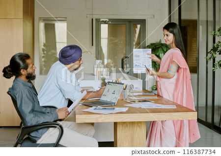 Female Indian teamlead demonstrating future plans and goals to male subordinates while they sitting at wooden work desk 116387734