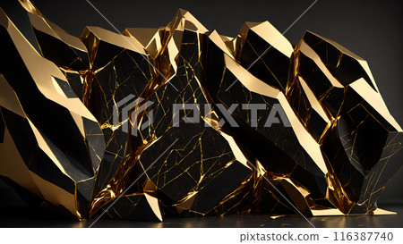Cracks in black marble filled with gold. 3d background  116387740