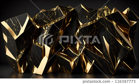 Cracks in black marble filled with gold. 3d background  116387773