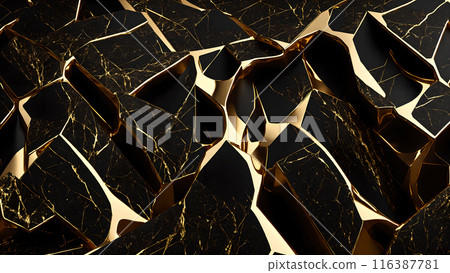 Cracks in black marble filled with gold. 3d background Cracks in black marble filled with gold. 3d background 116387781