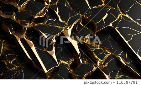 Cracks in black marble filled with gold. 3d background  116387791