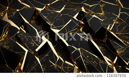 Cracks in black marble filled with gold. 3d background  116387830