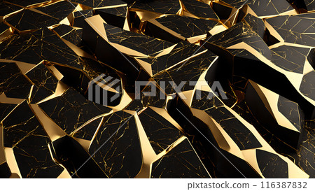 Cracks in black marble filled with gold. 3d background  116387832