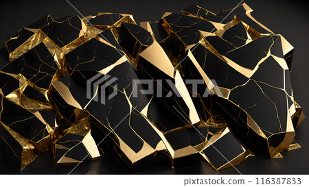 Cracks in black marble filled with gold. 3d background  116387833