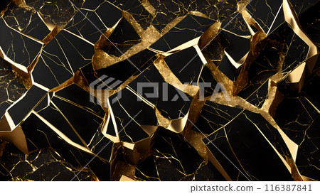 Cracks in black marble filled with gold. 3d background  116387841