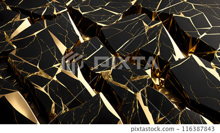 Cracks in black marble filled with gold. 3d background Cracks in black marble filled with gold. 3d background 116387843