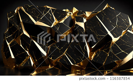 Cracks in black marble filled with gold. 3d background  116387854