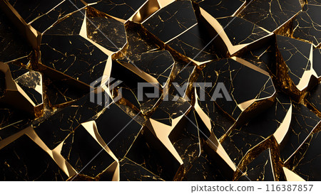 Cracks in black marble filled with gold. 3d background  116387857