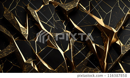 Cracks in black marble filled with gold. 3d background  116387858