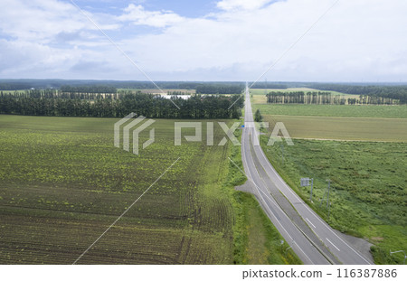 Volcano Observation Point, Tokachi Plain, Hokkaido (aerial view) 116387886