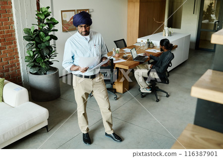 Indian workers in modern office, older one standing in center of office and reading report while younger one sitting at table and making presentation Indian workers in modern office, older one standing in center of office and reading report while younger one sitting at table and making presentation 116387901