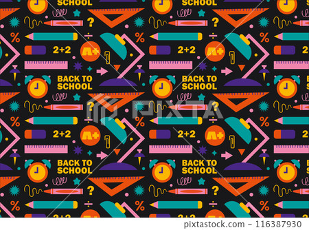 Back to school seamless pattern. Vector illustrations of school stationery items in flat design style. Texture for decoration and printing of packaging, textiles, wallpaper. Back to school seamless pattern. Vector illustrations of school stationery items in flat design style. Texture for decoration and printing of packaging, textiles, wallpaper. 116387930