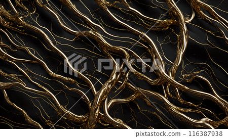 Black marble with intricate golden veins running through it. 3d background  116387938