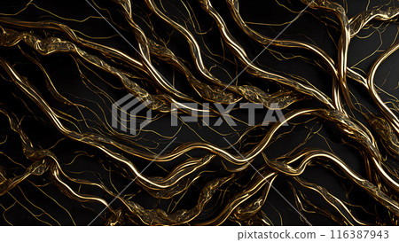 Black marble with intricate golden veins running through it. 3d background Black marble with intricate golden veins running through it. 3d background 116387943