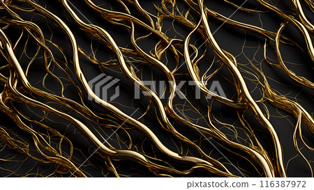 Black marble with intricate golden veins running through it. 3d background  116387972