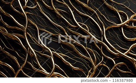 Black marble with intricate golden veins running through it. 3d background  116387980