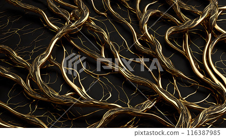 Black marble with intricate golden veins running through it. 3d background  116387985