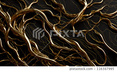 Black marble with intricate golden veins running through it. 3d background  116387995