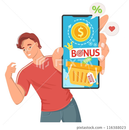 Happy man character advertising bonuses for mobile shopping Happy man character advertising bonuses for mobile shopping 116388023