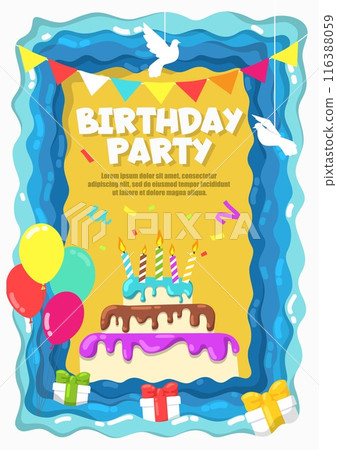 Birthday party greeting card with sweet cake dessert Birthday party greeting card with sweet cake dessert 116388059
