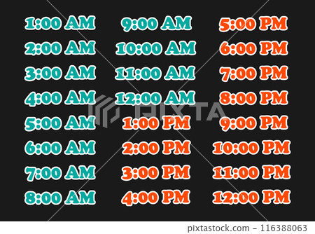 Set of times of day, first and second half of the day. Drawing of numbers from one to twelve, blue and orange numbers with white outline. Vector template of numbers on a black background for design. Set of times of day, first and second half of the day. Drawing of numbers from one to twelve, blue and orange numbers with white outline. Vector template of numbers on a black background for design. 116388063