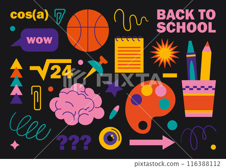 Back to school design elements on black background for design. Vector illustration in flat cartoon style. Colorful set of badges and icons for training and education, stationery, office supplies. Back to school design elements on black background for design. Vector illustration in flat cartoon style. Colorful set of badges and icons for training and education, stationery, office supplies. 116388112