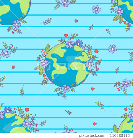 Ecology seamless pattern with planet Earth and flowers on blue striped background. Concept save, ecological green life, conservation and protection nature. Vector illustration 116388113