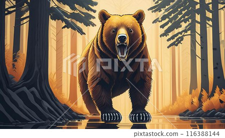Illustration of a bear coming out of the forest. Can be used to warn of bears. 116388144