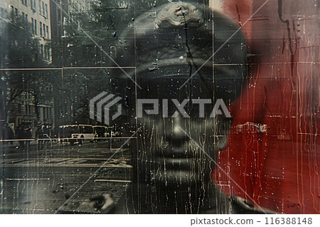 Police officer looking through dirty window at city street 116388148