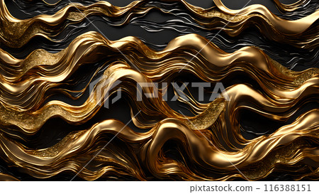 Waves of gold flowing across black marble. 3d background Waves of gold flowing across black marble. 3d background 116388151