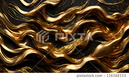 Waves of gold flowing across black marble. 3d background 116388153