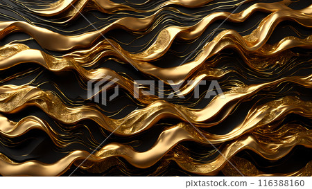 Waves of gold flowing across black marble. 3d background 116388160