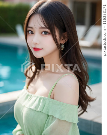 A woman with long hair smiling gently in the pool A woman with long hair smiling gently in the pool 116388171