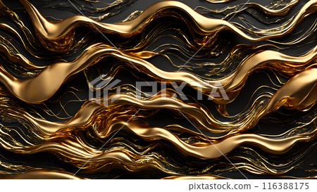 Waves of gold flowing across black marble. 3d background 116388175