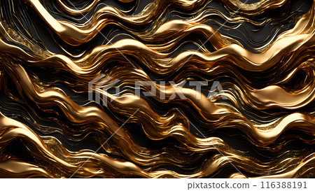 Waves of gold flowing across black marble. 3d background 116388191