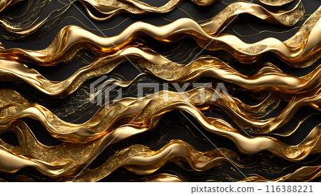 Waves of gold flowing across black marble. 3d background 116388221