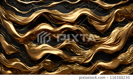 Waves of gold flowing across black marble. 3d background 116388230