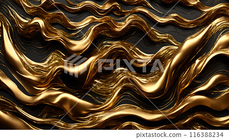Waves of gold flowing across black marble. 3d background 116388234