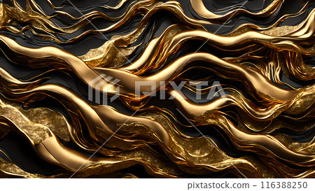 Waves of gold flowing across black marble. 3d background 116388250