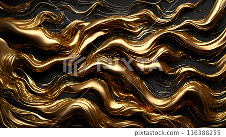 Waves of gold flowing across black marble. 3d background 116388255