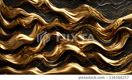 Waves of gold flowing across black marble. 3d background 116388257